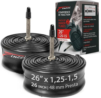 Fincci Durable Bike Tire Tubes 26x 1.25 x 1.35 x 1.4 x 1.5 – Pair 26 Inch Bike Tube with Presta Valve Reliable Air Retention and Easy to Install 2X Tubes for Mountain, MTB, Road, XC, Cruiser Bikes