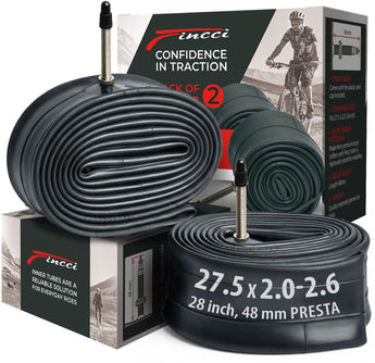 Fincci 27.5 x 2.1/2.2/2.3/2.35/2.4/2.5/2.6 Inch Bike Inner Tube – 48mm Presta Valve – Butyl Rubber – Fits Mountain & Hybrid Bikes – Pack of 2