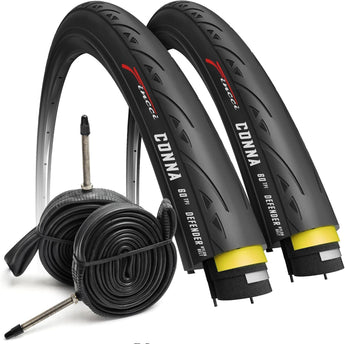 Fincci Set 700x23c Tires Road Bike with 2X Bicycle Inner Tubes 700c - Racing 23-622 1mm Puncture Proof Bike Tires & 60mm Presta Tube - 700c Bike Tire for Folding, Touring, Gravel, E Bikes, Bicycle