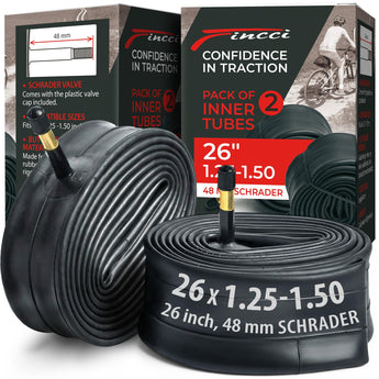 Fincci 26 x 1.25/1.50 Inch Bike Inner Tube – 48mm Schrader Valve – Butyl Rubber, Fits Mountain, Hybrid & Road Bikes – Pack of 2