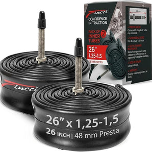 Fincci Durable Bike Tire Tubes 26x 1.25 x 1.35 x 1.4 x 1.5 – Pair 26 Inch Bike Tube with Presta Valve Reliable Air Retention and Easy to Install 2X Tubes for Mountain, MTB, Road, XC, Cruiser Bikes
